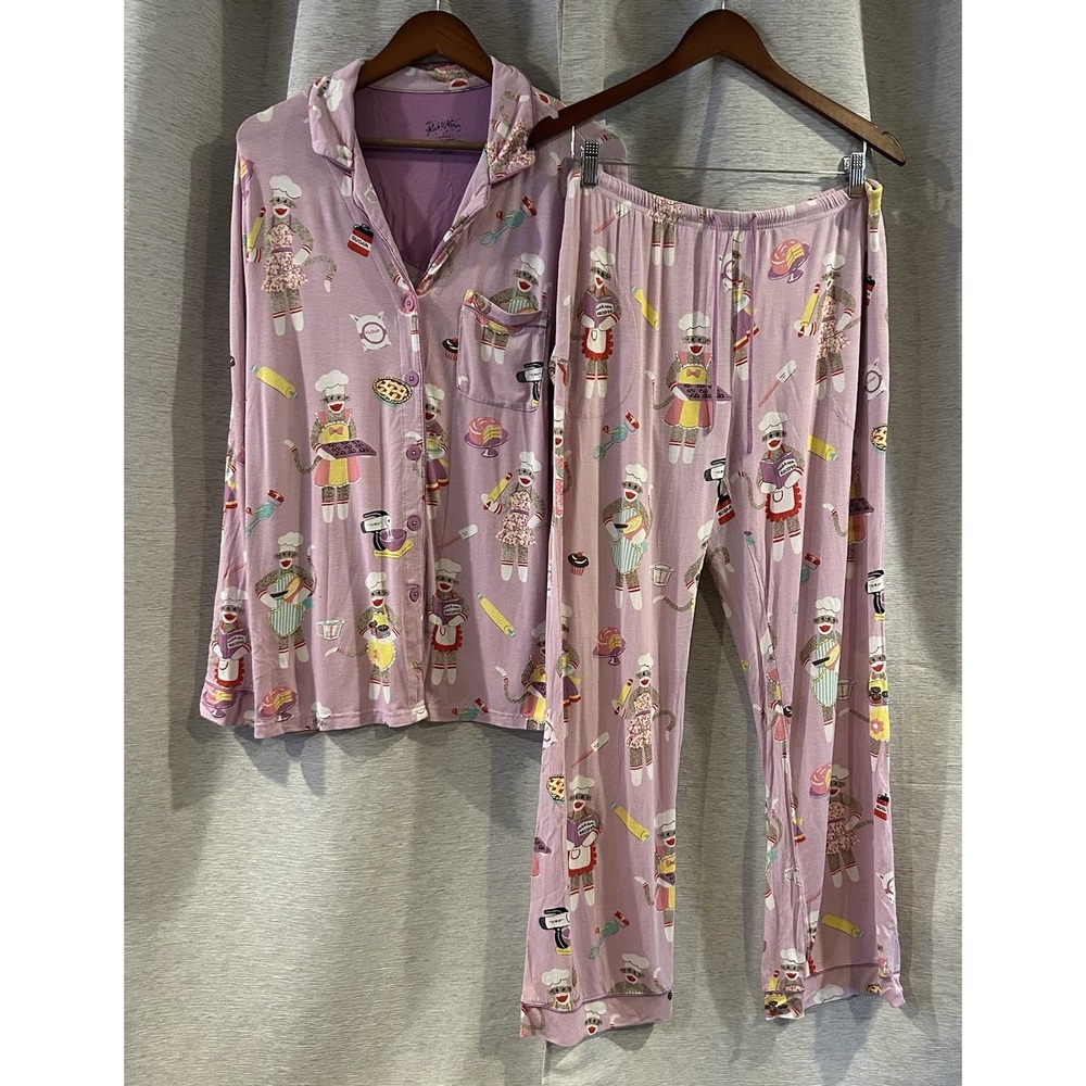 Nick‎ & Nora Pajama Set Sock Monkey Baker 2 Pc Top Bottom PJs Size Large